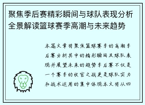 聚焦季后赛精彩瞬间与球队表现分析全景解读篮球赛季高潮与未来趋势