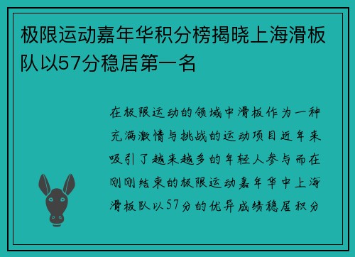 极限运动嘉年华积分榜揭晓上海滑板队以57分稳居第一名